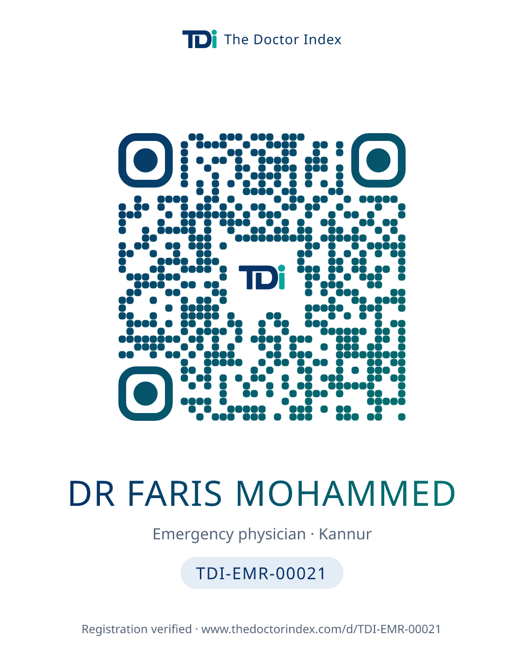 QR card for Dr Faris Mohammed, TDI-EMR-00021
