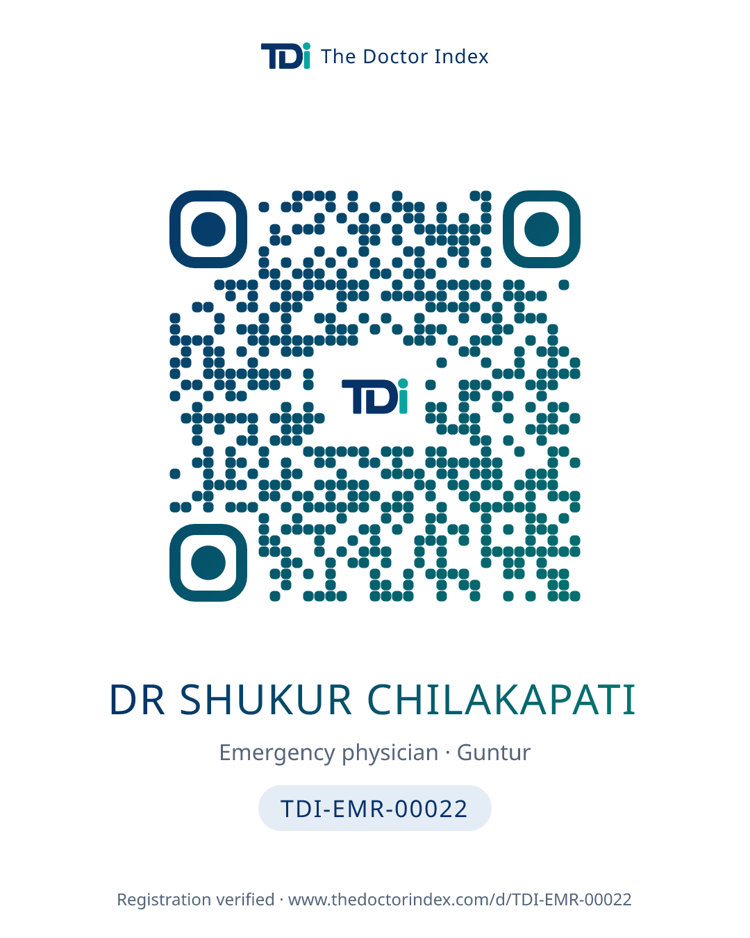 QR card for Dr Shukur Chilakapati, TDI-EMR-00022