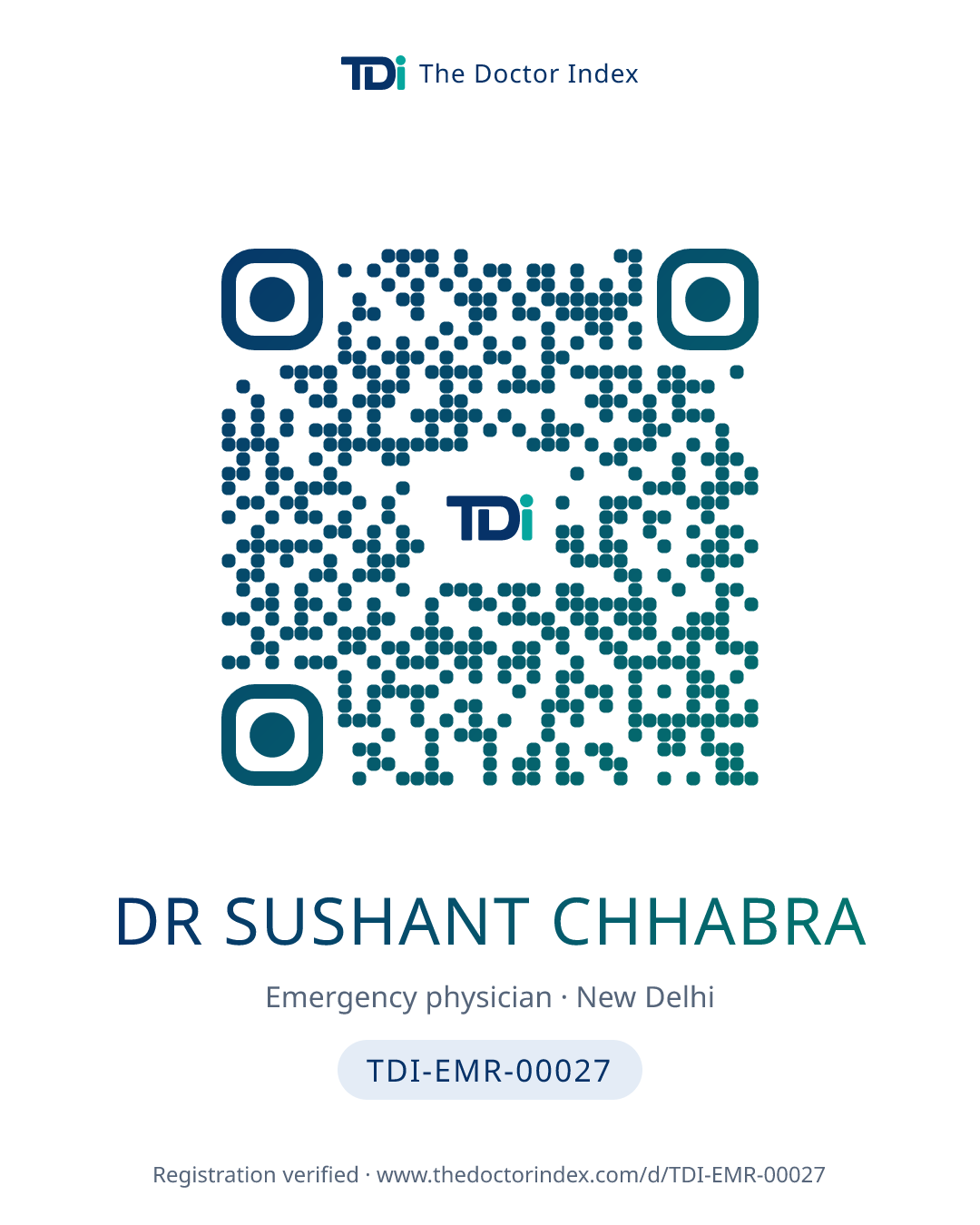 QR card for Dr Sushant Chhabra, TDI-EMR-00027