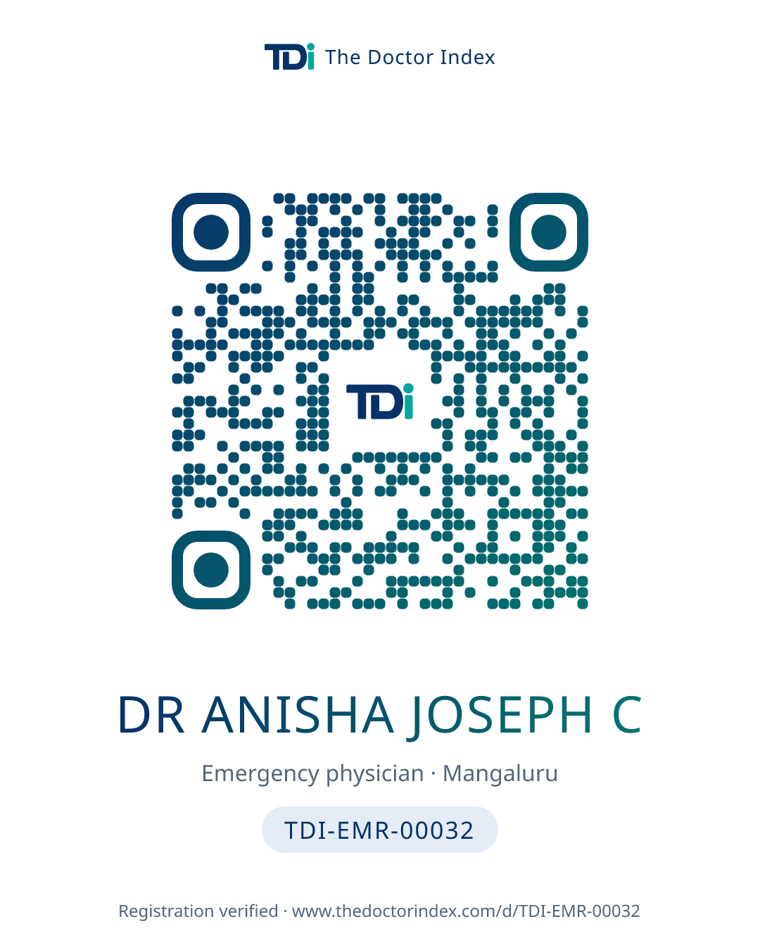 QR card for Dr Anisha Joseph C, TDI-EMR-00032