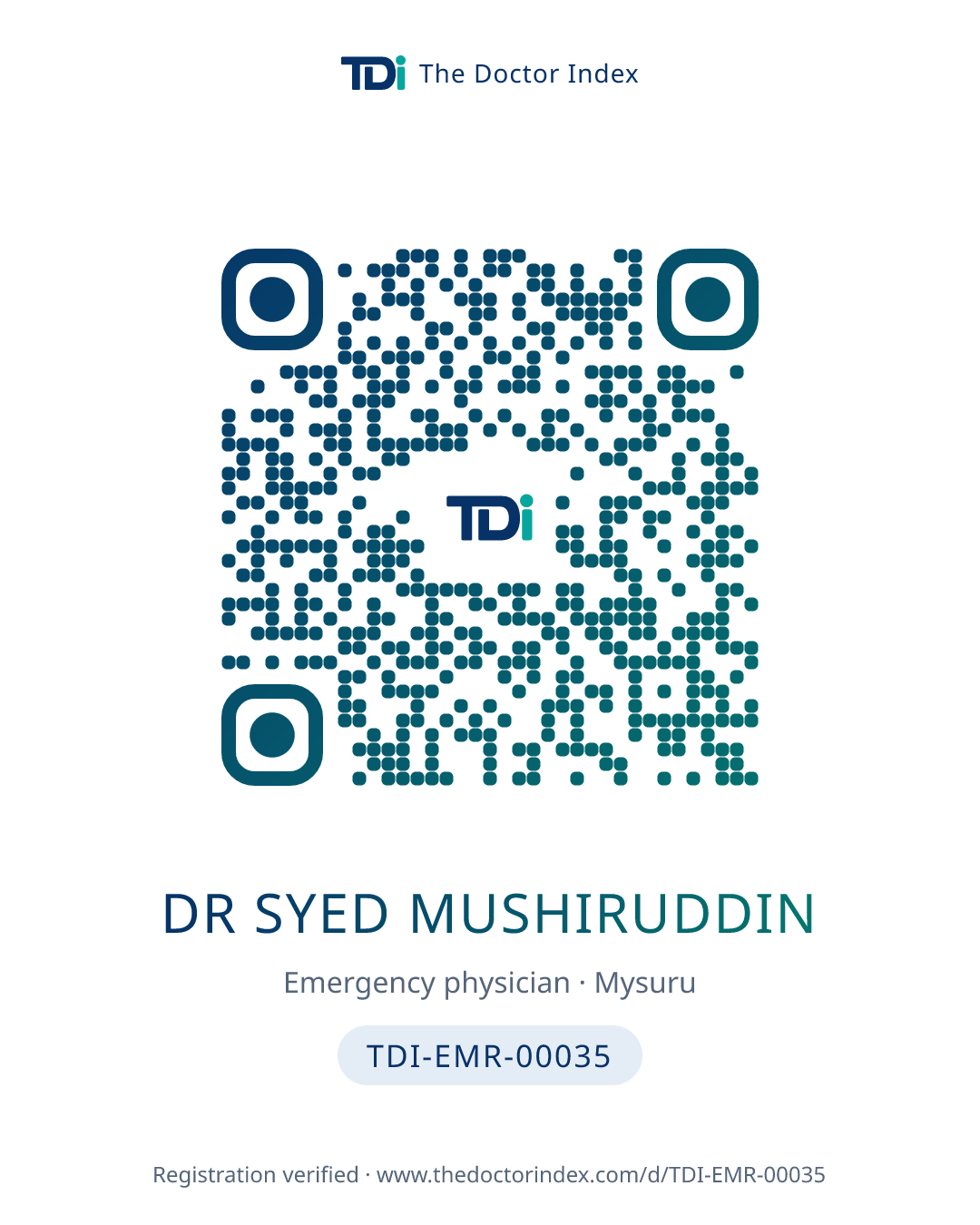 QR card for Dr Syed Mushiruddin, TDI-EMR-00035