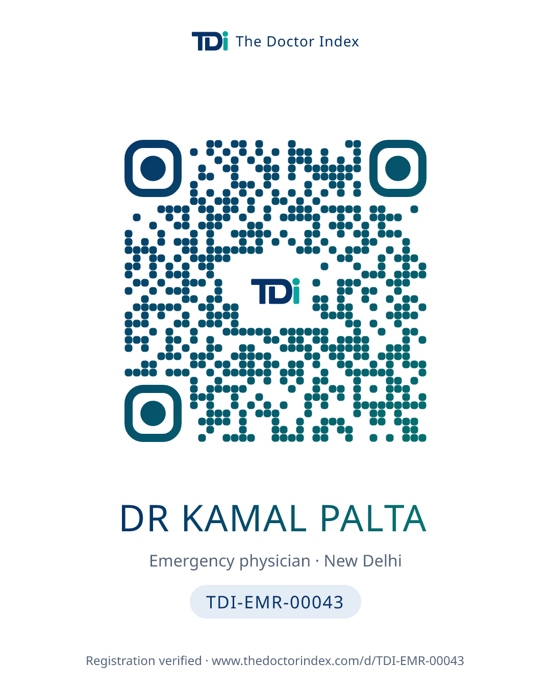 QR card for Dr Kamal Palta, TDI-EMR-00043