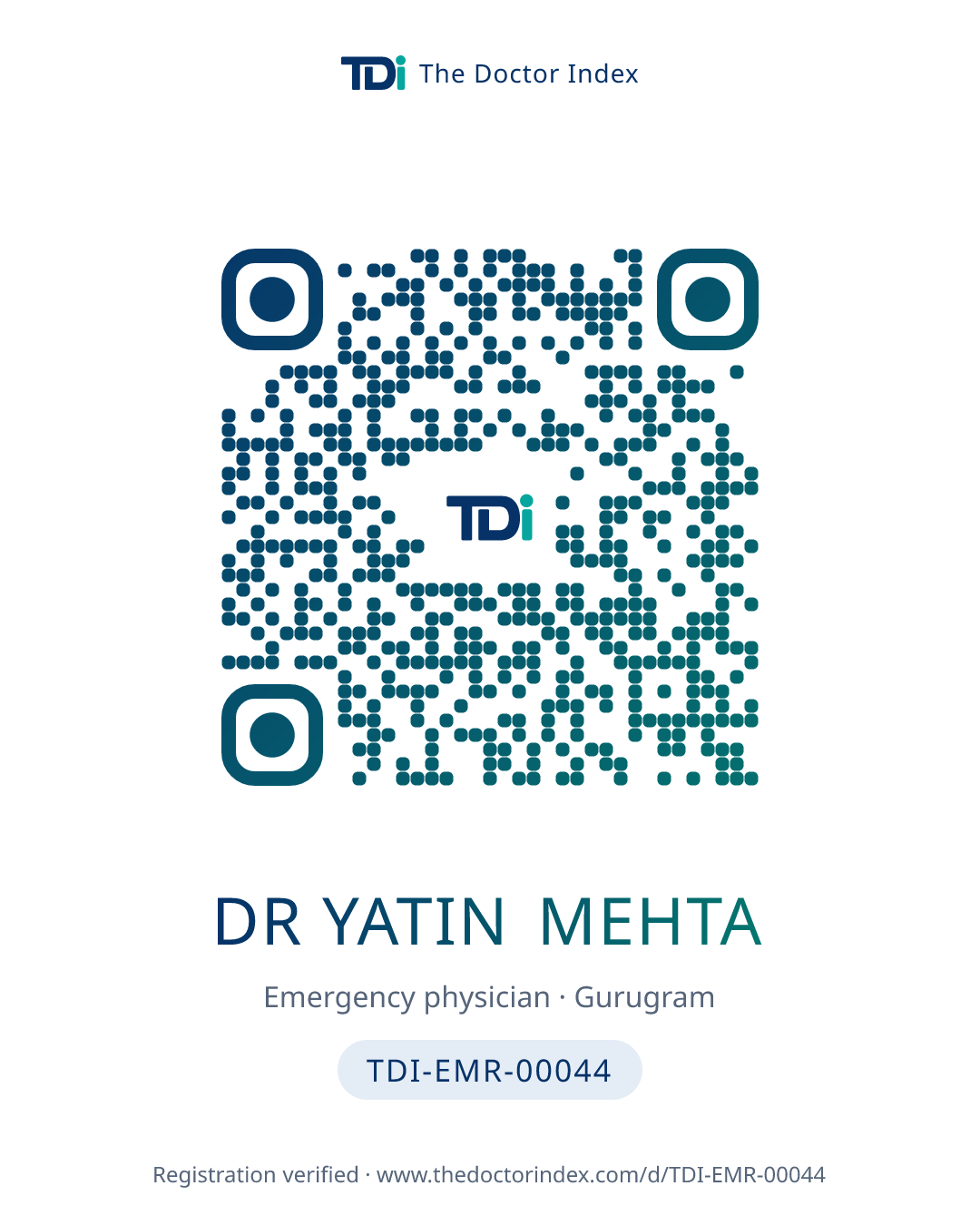 QR card for Dr Yatin Mehta, TDI-EMR-00044