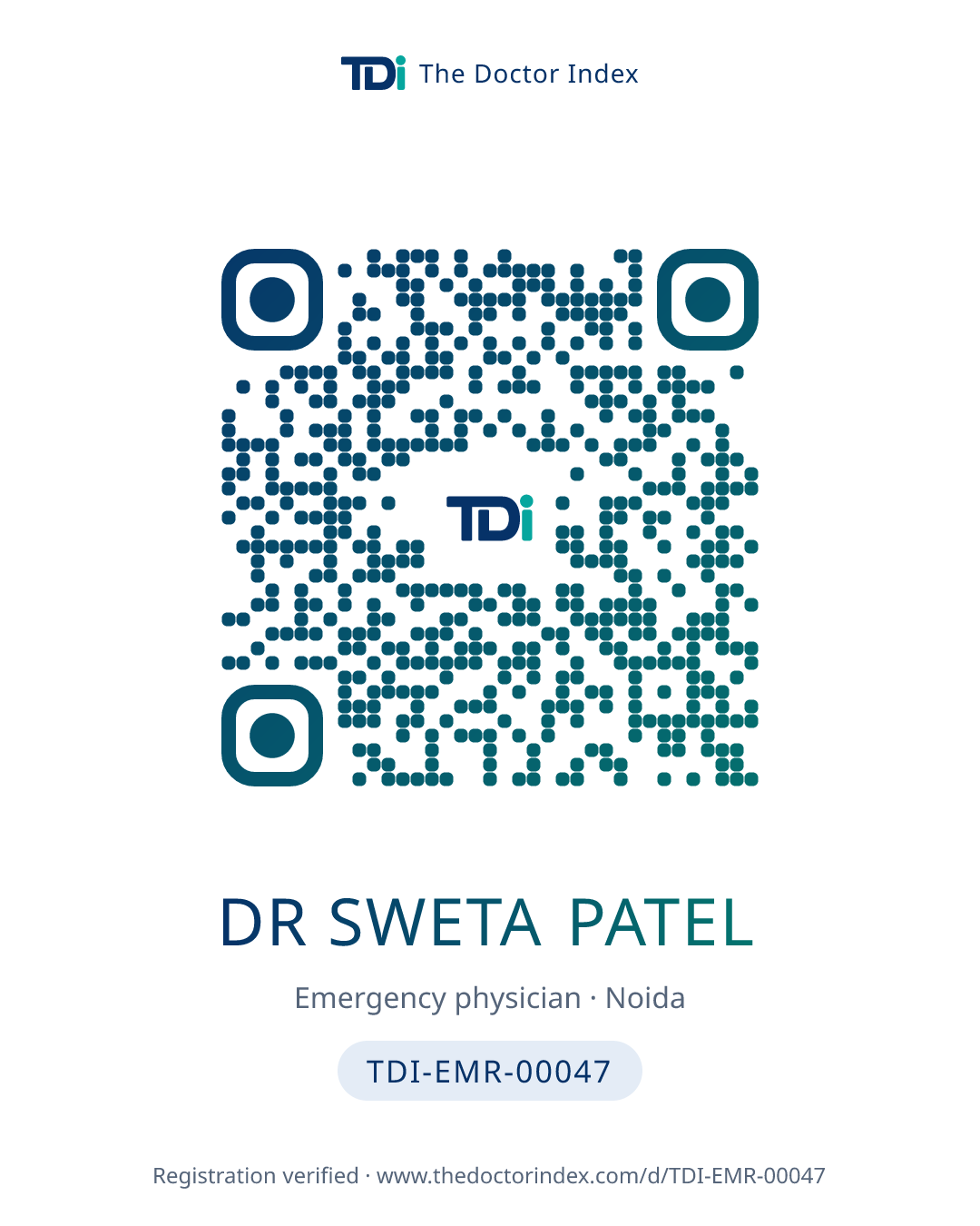 QR card for Dr Sweta Patel, TDI-EMR-00047