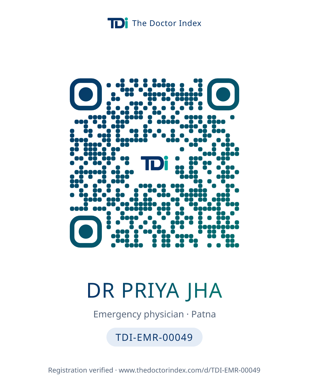 QR card for Dr Priya Jha, TDI-EMR-00049