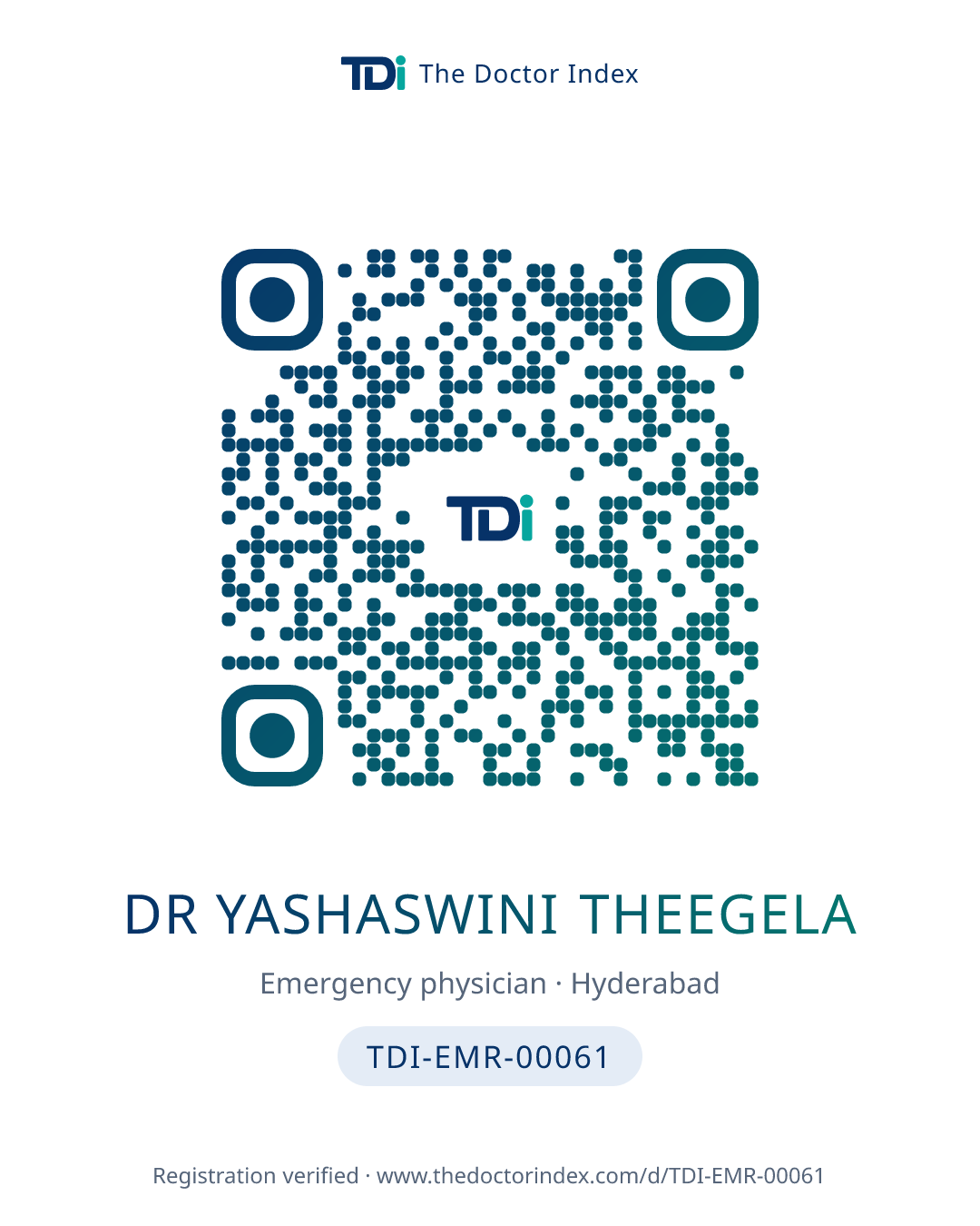 QR card for Dr Yashaswini Theegela, TDI-EMR-00061
