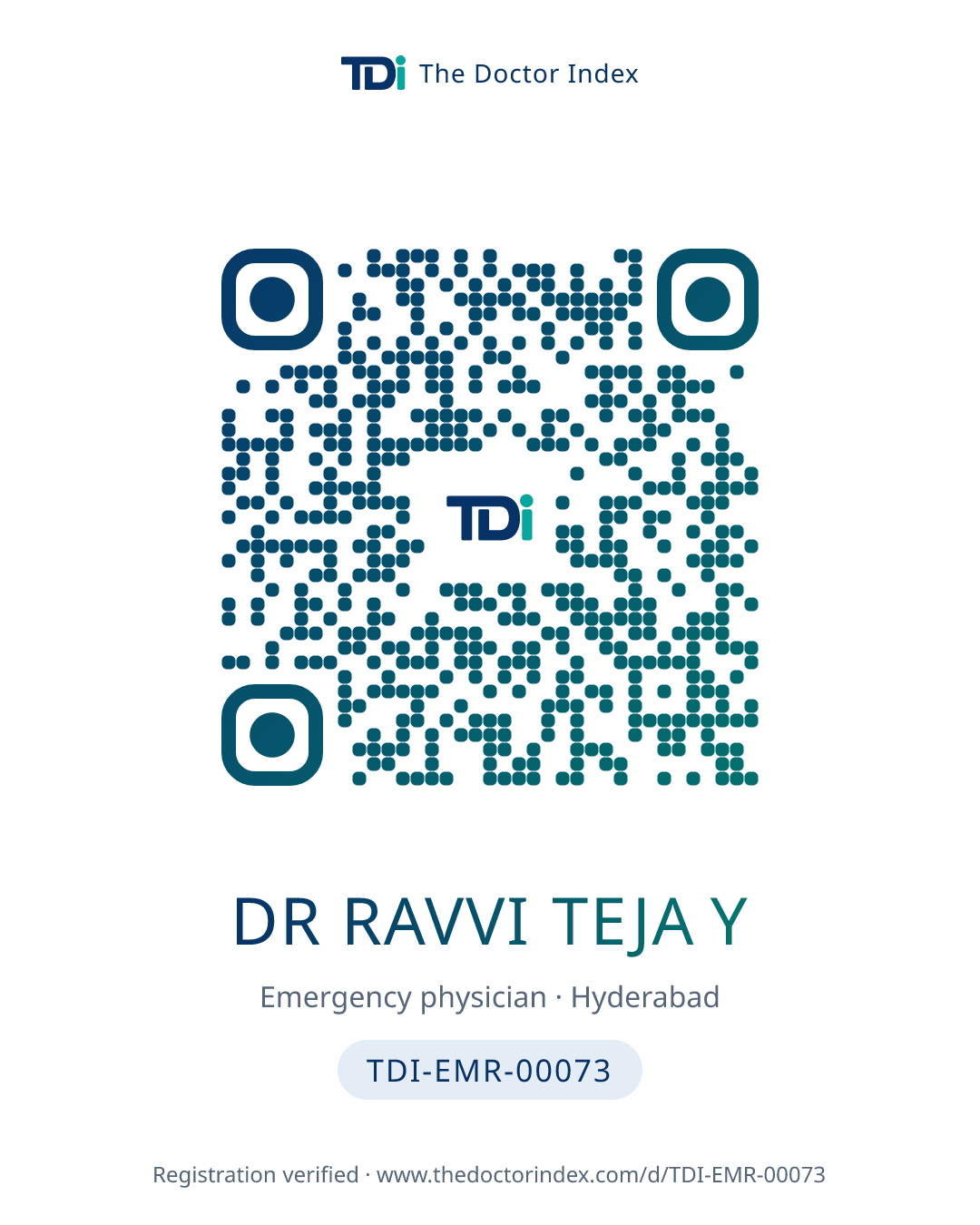 QR card for Dr Ravvi Teja Y, TDI-EMR-00073