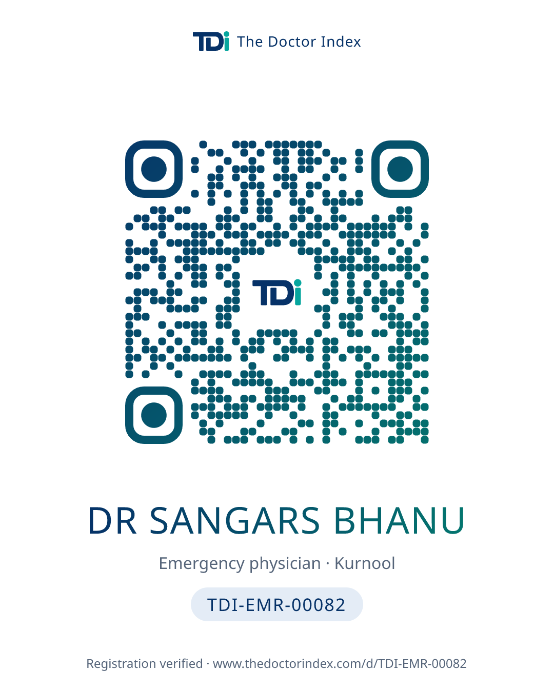 QR card for Dr Sangars Bhanu, TDI-EMR-00082