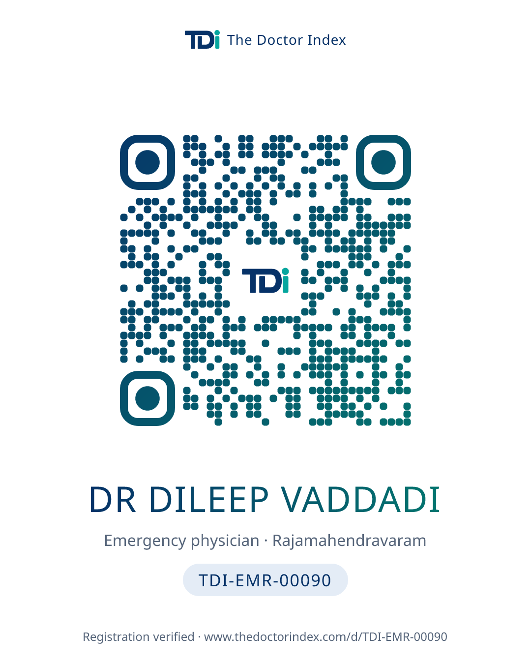 QR card for Dr Dileep Vaddadi, TDI-EMR-00090
