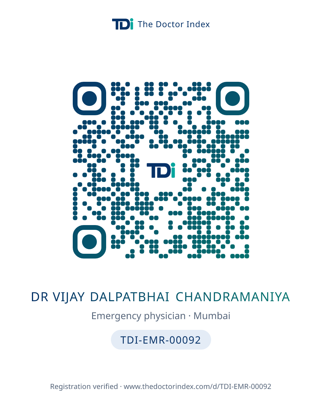 QR card for Dr Vijay Dalpatbhai Chandramaniya, TDI-EMR-00092