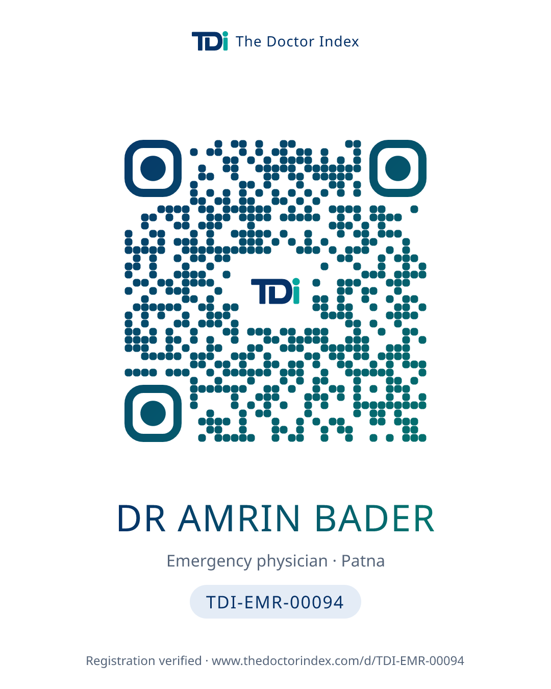 QR card for Dr Amrin Bader, TDI-EMR-00094
