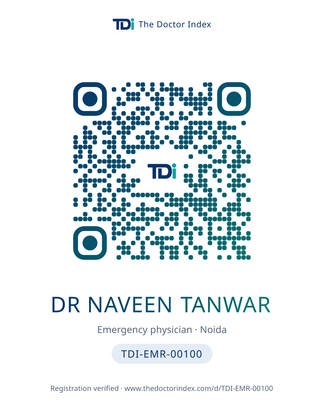 QR card for Dr Naveen Tanwar, TDI-EMR-00100