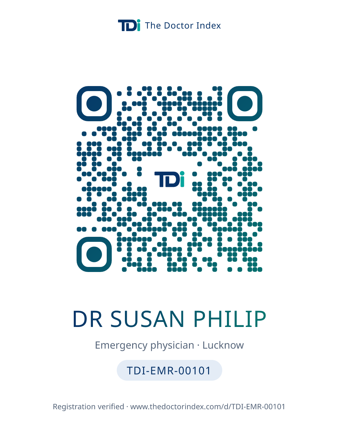 QR card for Dr Susan Philip, TDI-EMR-00101