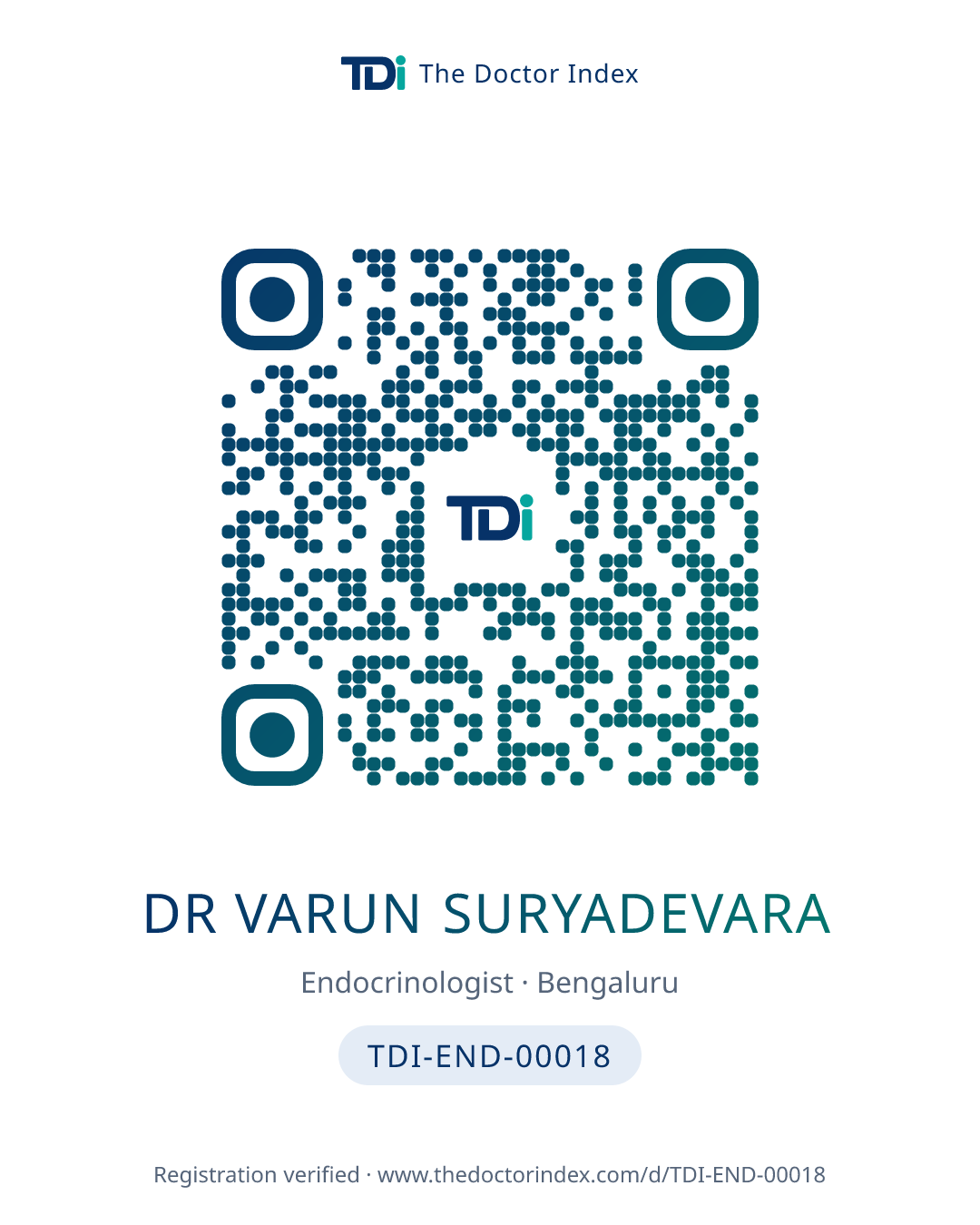 QR card for Dr Varun Suryadevara, TDI-END-00018