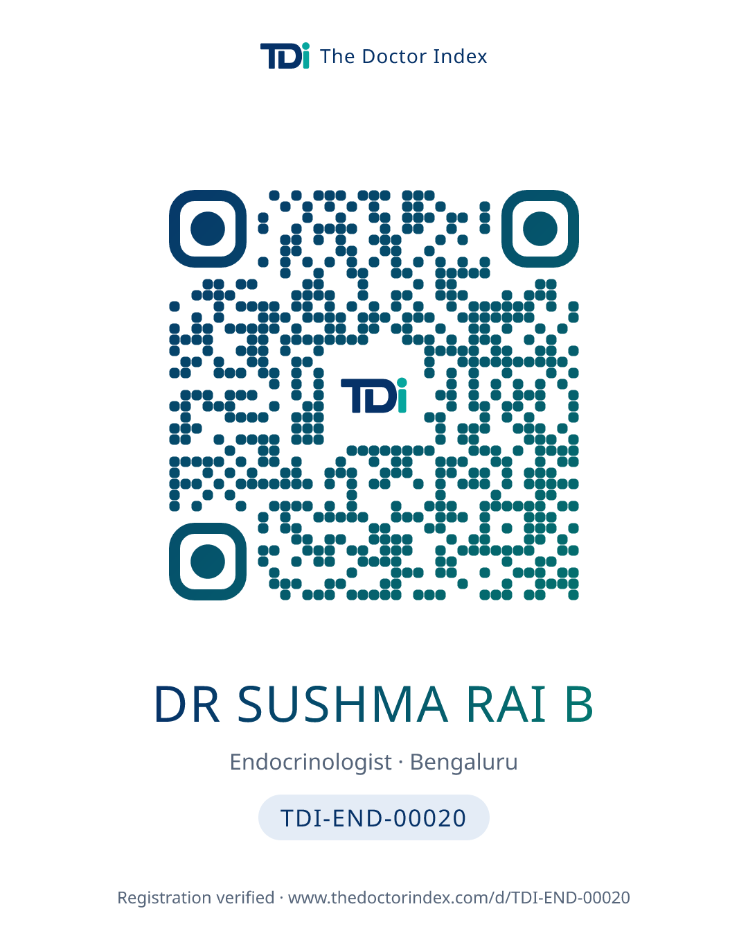QR card for Dr Sushma Rai B, TDI-END-00020