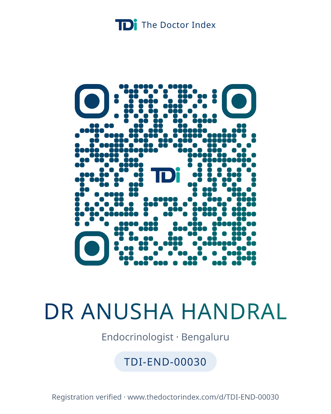 QR card for Dr Anusha Handral, TDI-END-00030