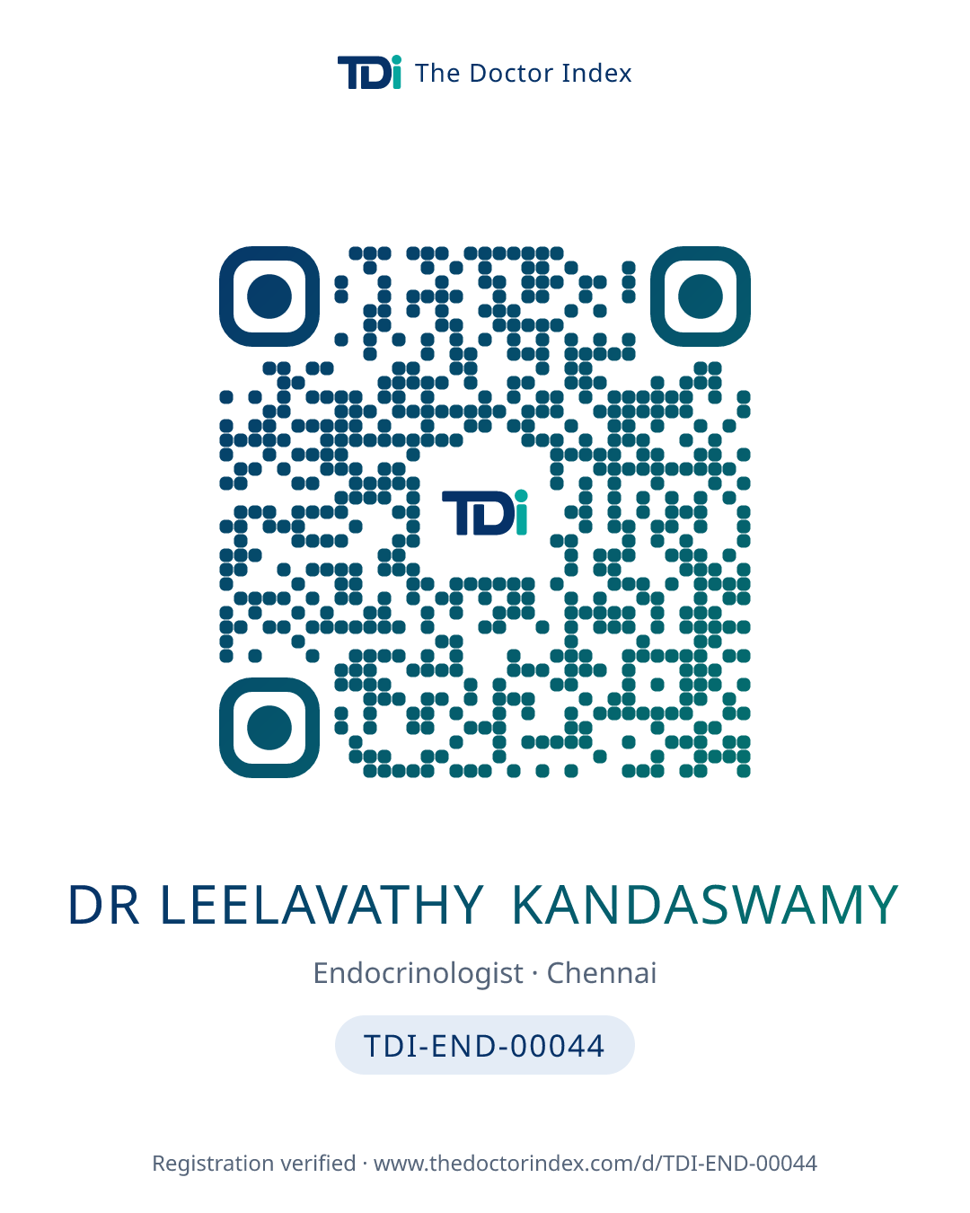 QR card for Dr Leelavathy Kandaswamy, TDI-END-00044