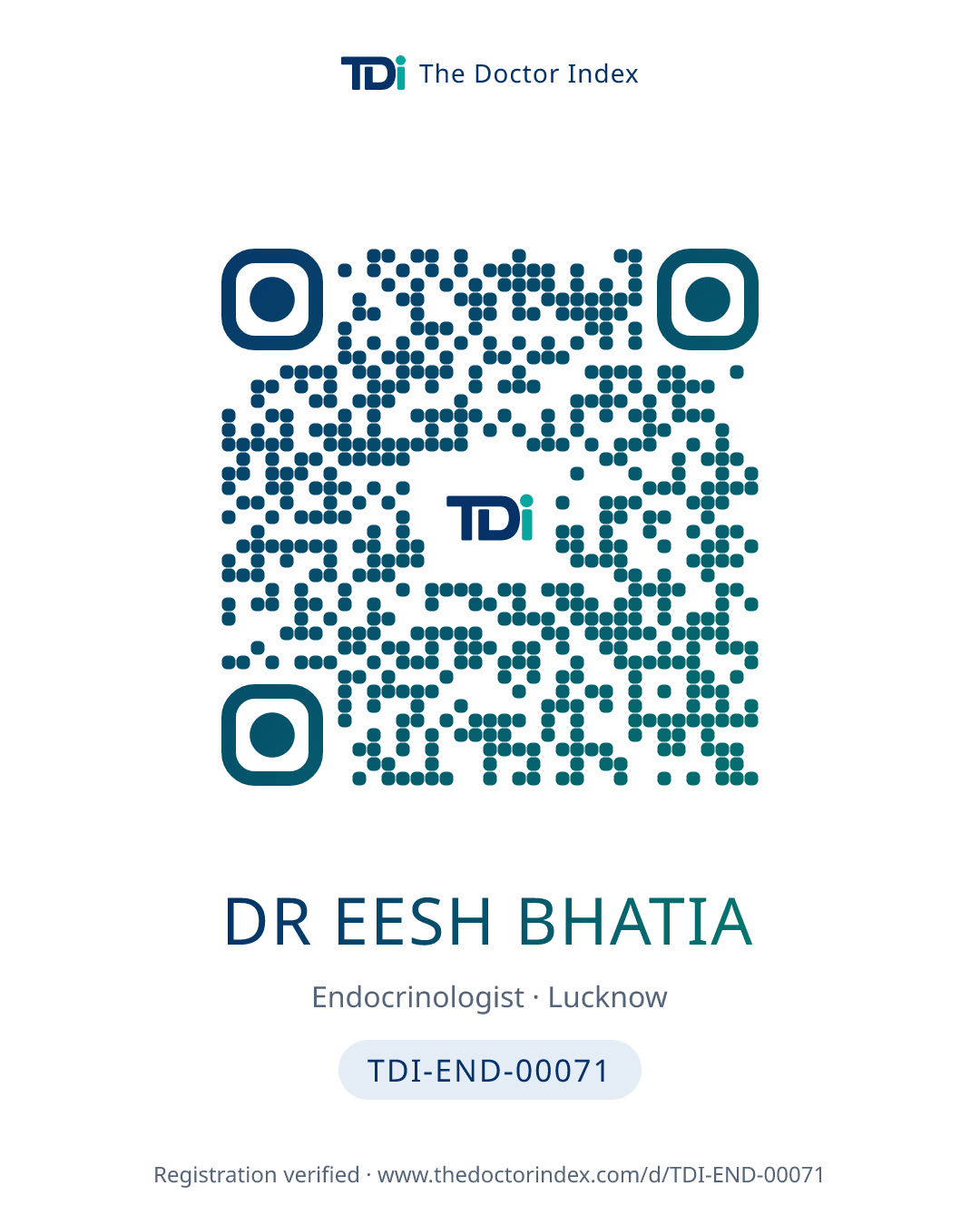 QR card for Dr Eesh Bhatia, TDI-END-00071