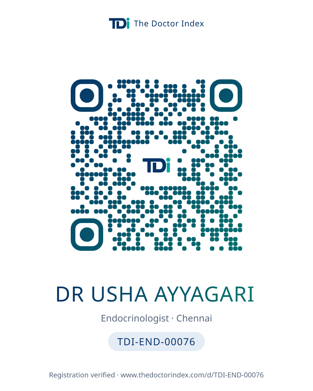 QR card for Dr Usha Ayyagari, TDI-END-00076