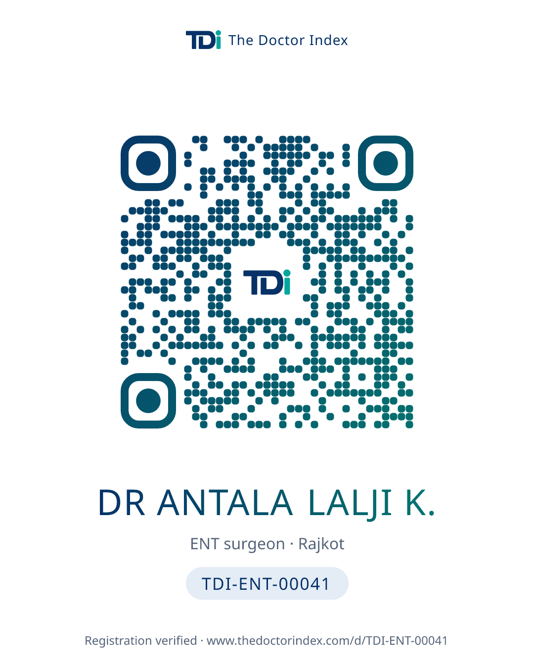 QR card for Dr Antala Lalji K., TDI-ENT-00041