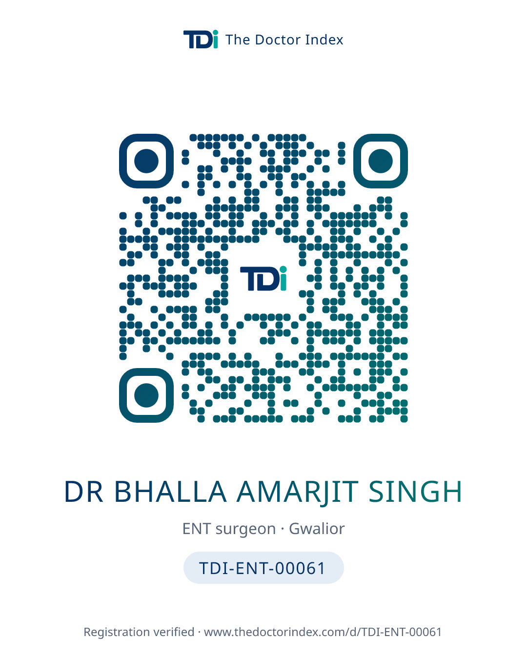 QR card for Dr Bhalla Amarjit Singh, TDI-ENT-00061