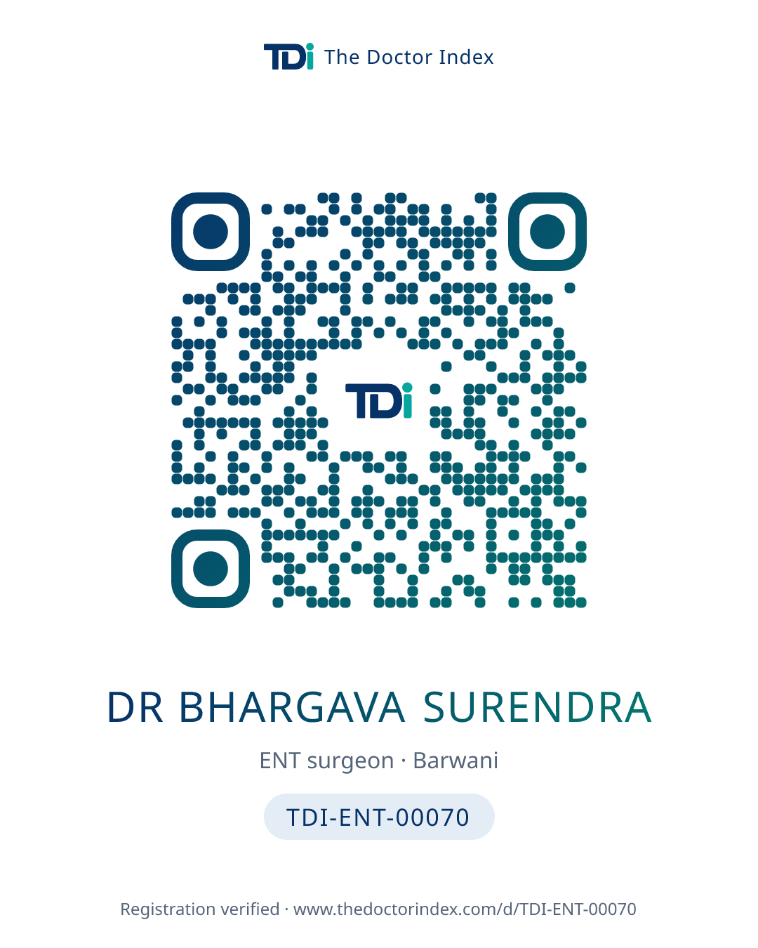 QR card for Dr Bhargava Surendra, TDI-ENT-00070