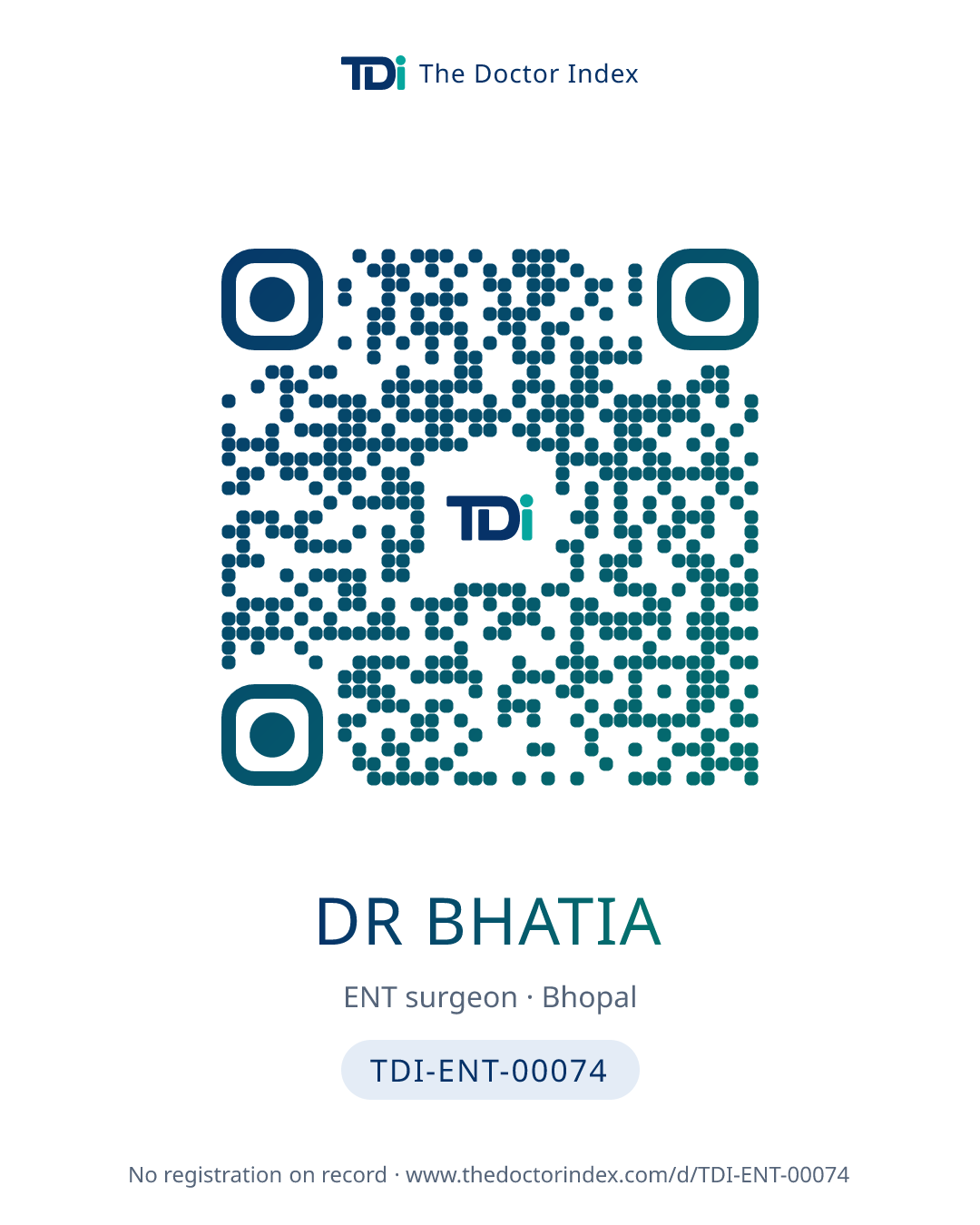 QR card for Dr Bhatia, TDI-ENT-00074