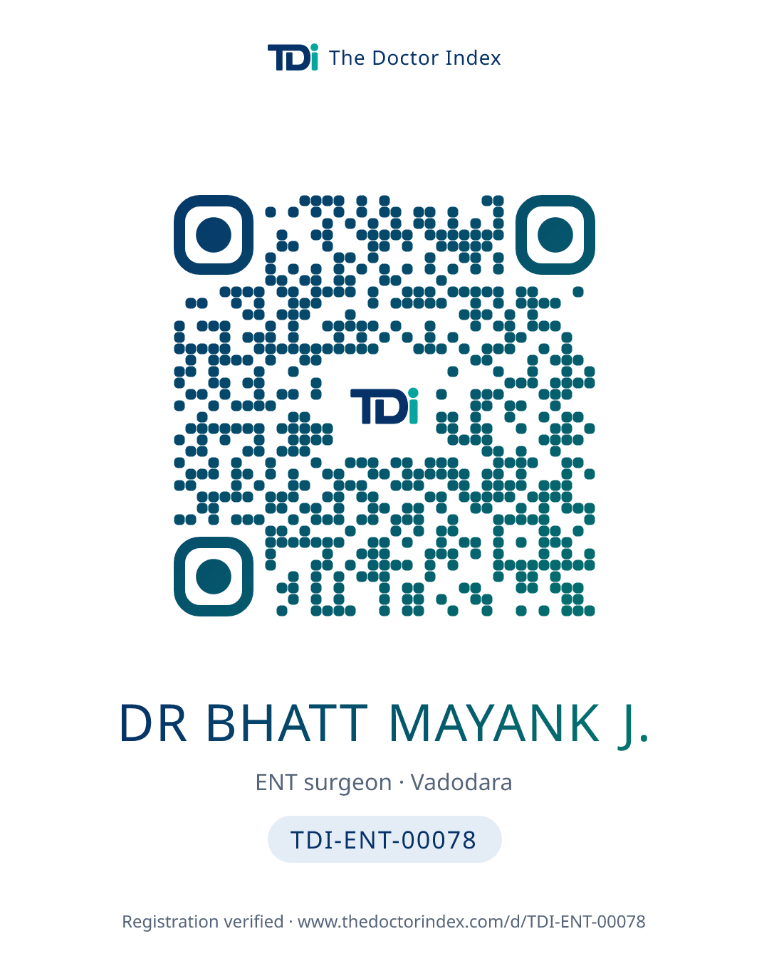 QR card for Dr Bhatt Mayank J., TDI-ENT-00078