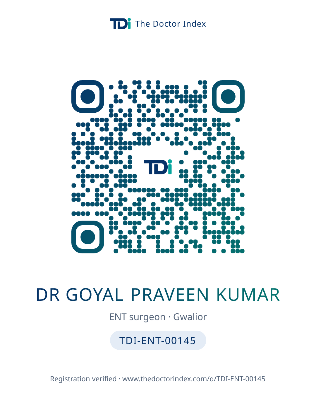 QR card for Dr Goyal Praveen Kumar, TDI-ENT-00145