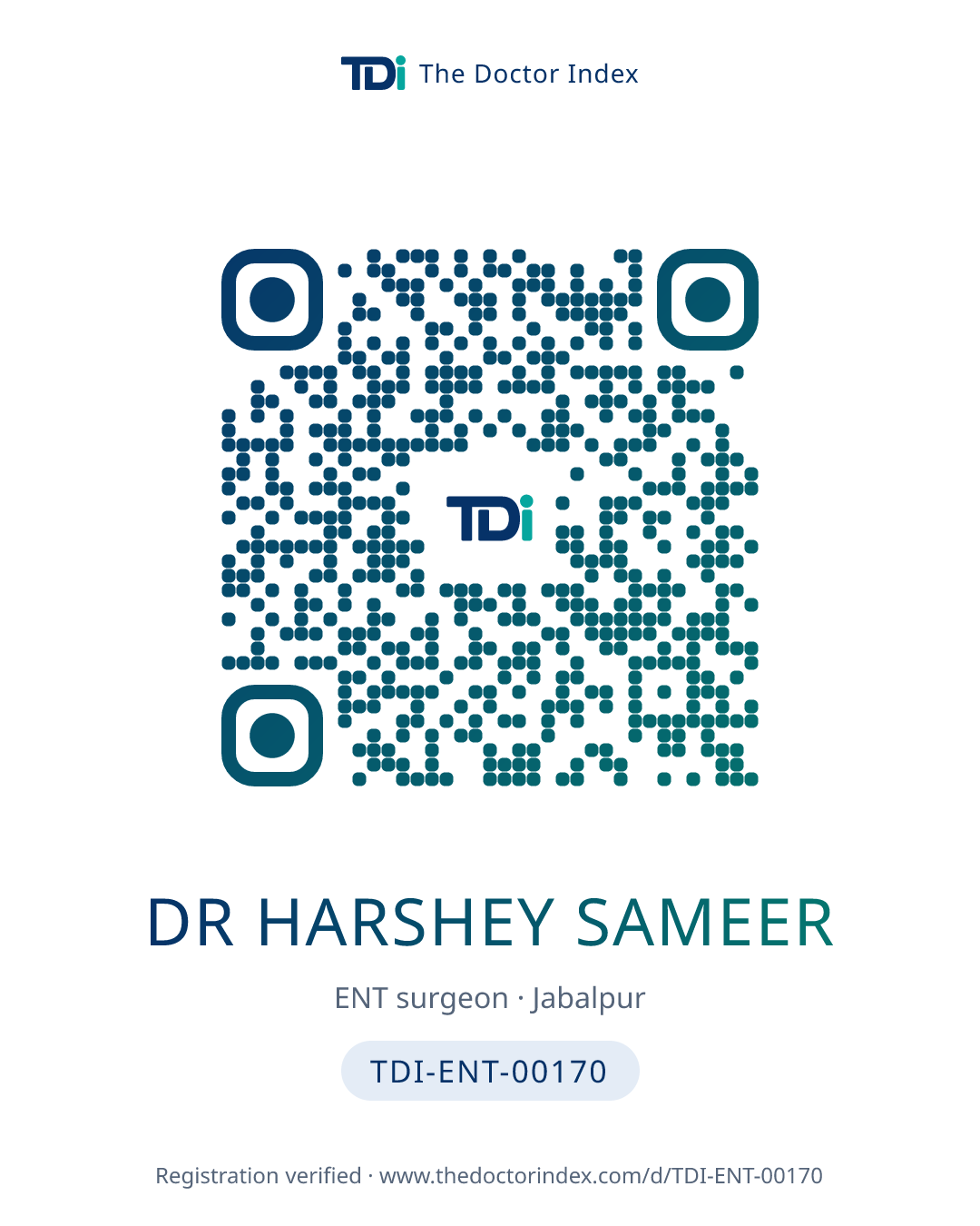 QR card for Dr Harshey Sameer, TDI-ENT-00170