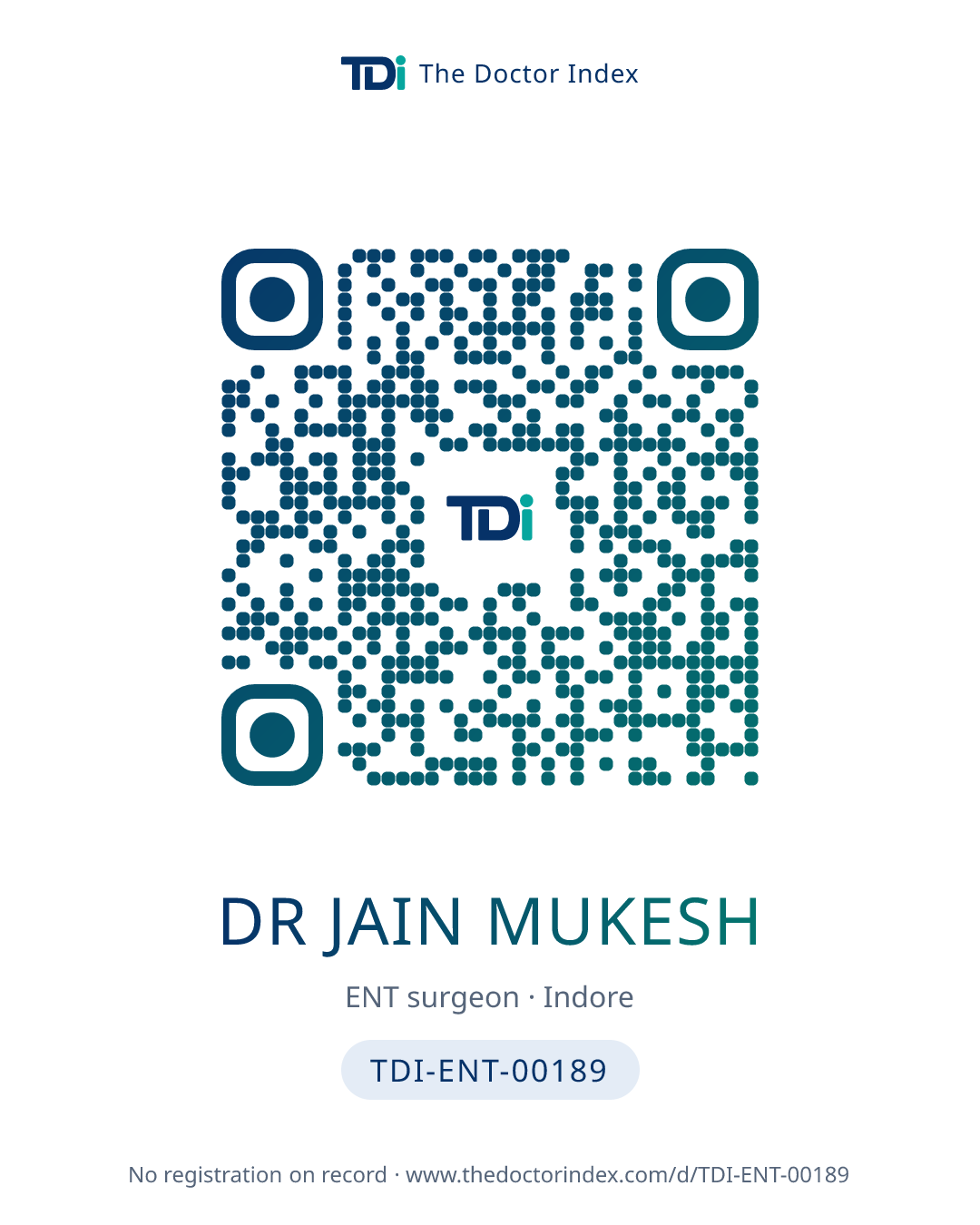 QR card for Dr Jain Mukesh, TDI-ENT-00189