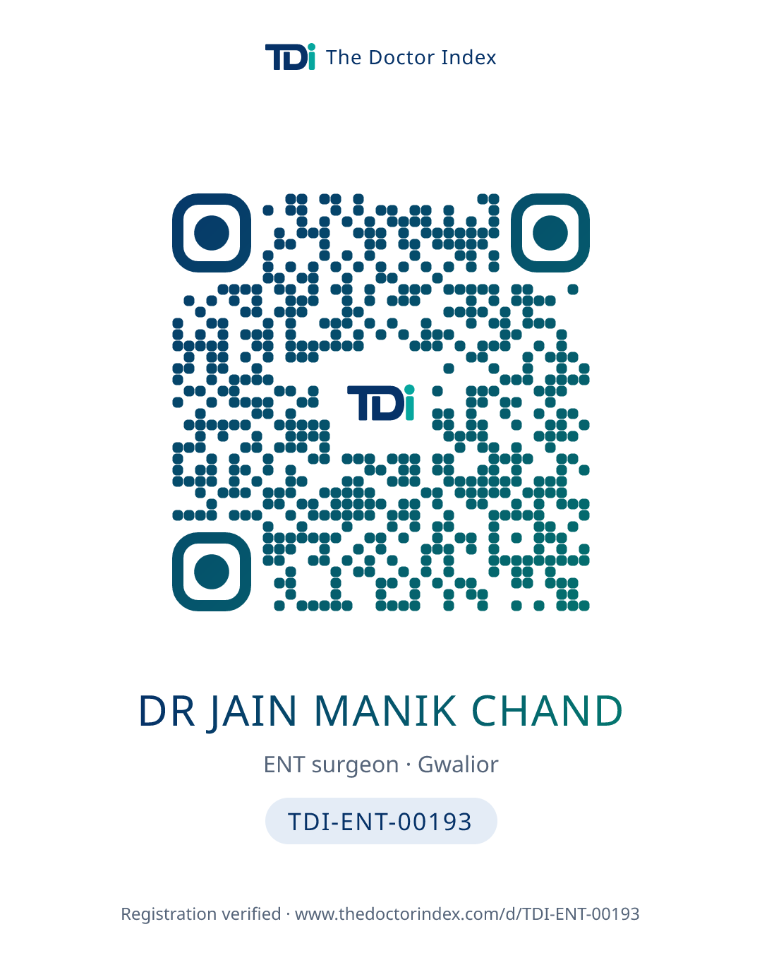 QR card for Dr Jain Manik Chand, TDI-ENT-00193