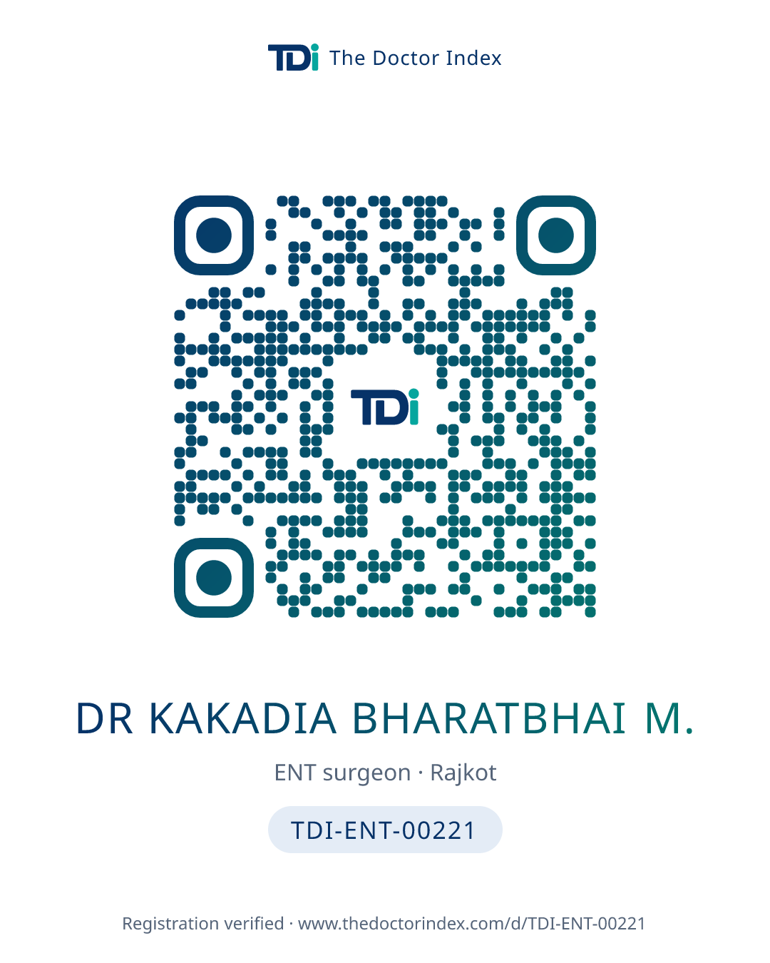 QR card for Dr Kakadia Bharatbhai M., TDI-ENT-00221