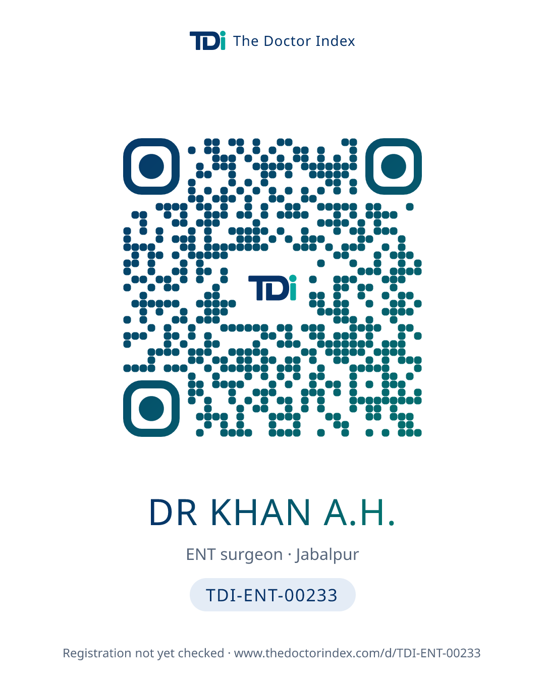 QR card for Dr Khan A.H., TDI-ENT-00233