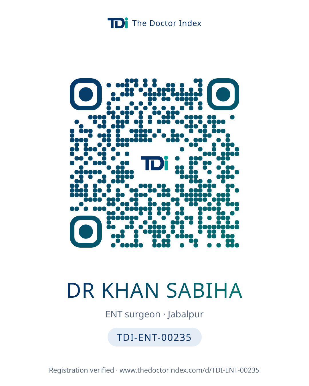 QR card for Dr Khan Sabiha, TDI-ENT-00235