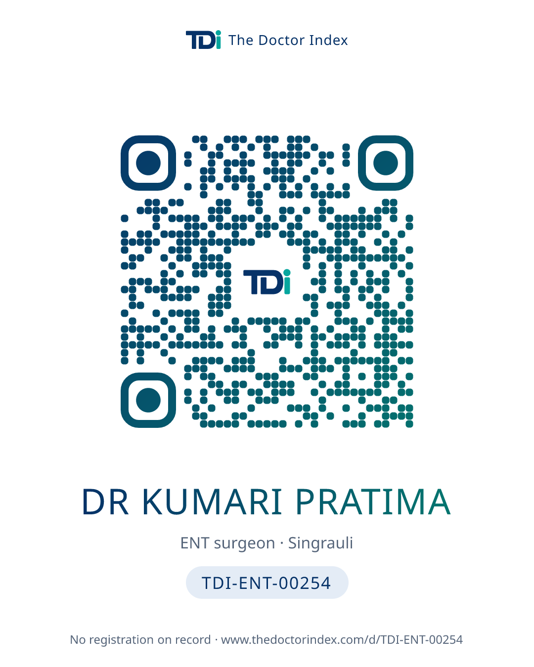 QR card for Dr Kumari Pratima, TDI-ENT-00254