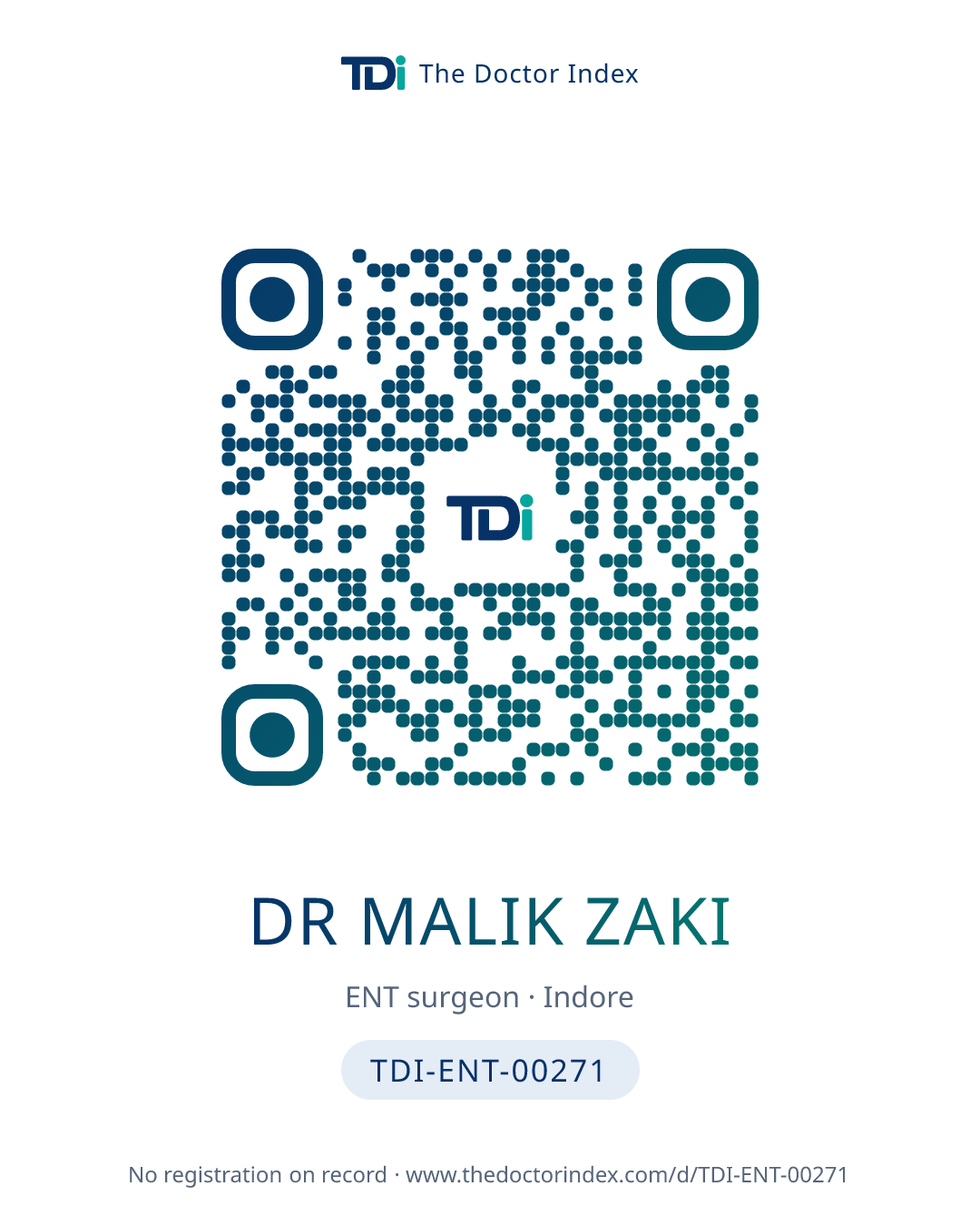 QR card for Dr Malik Zaki, TDI-ENT-00271