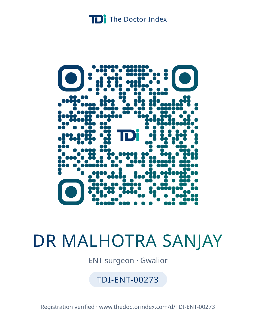 QR card for Dr Malhotra Sanjay, TDI-ENT-00273