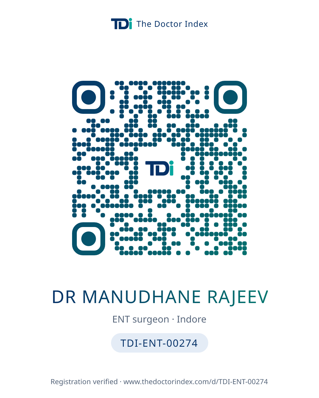 QR card for Dr Manudhane Rajeev, TDI-ENT-00274