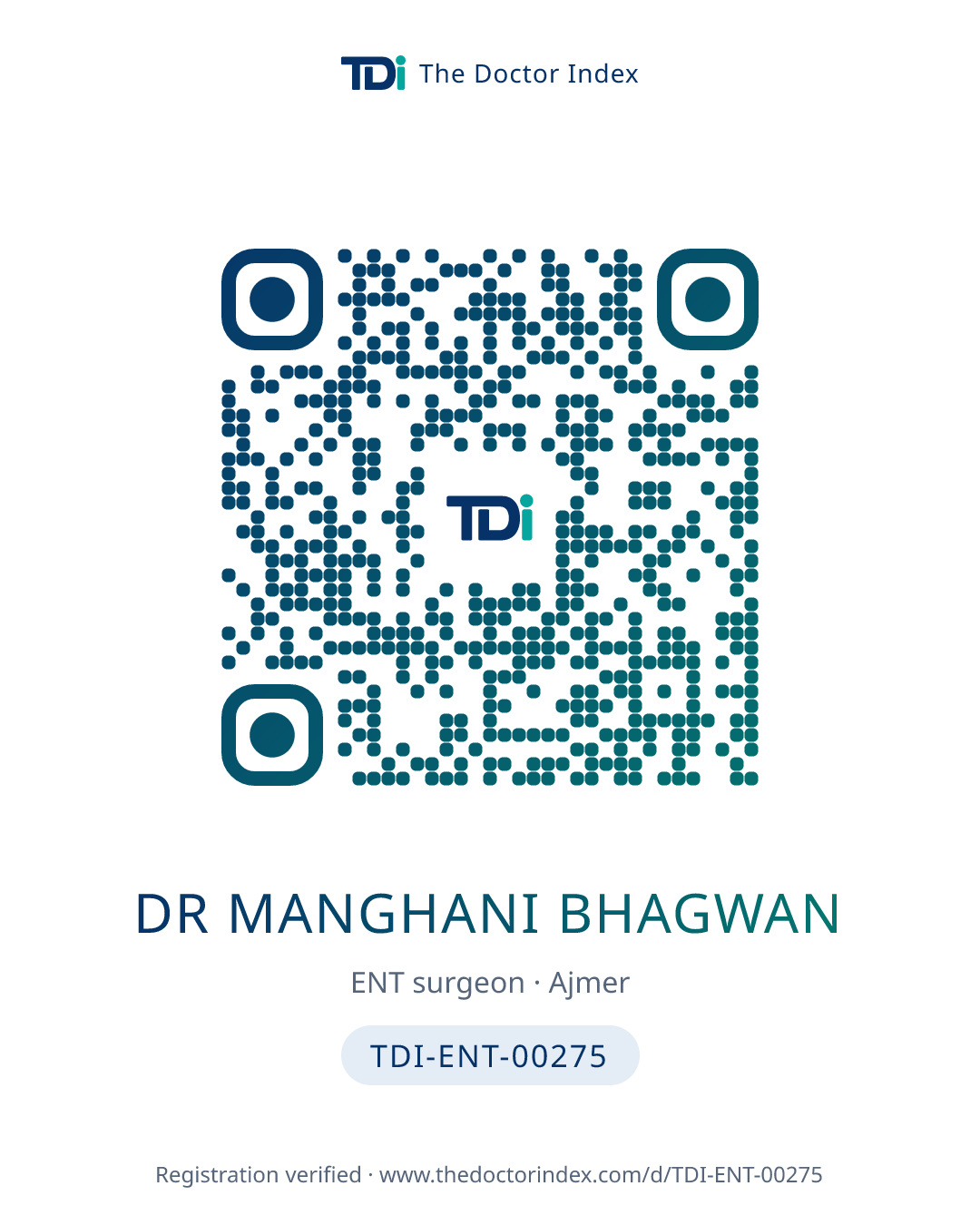 QR card for Dr Manghani Bhagwan, TDI-ENT-00275