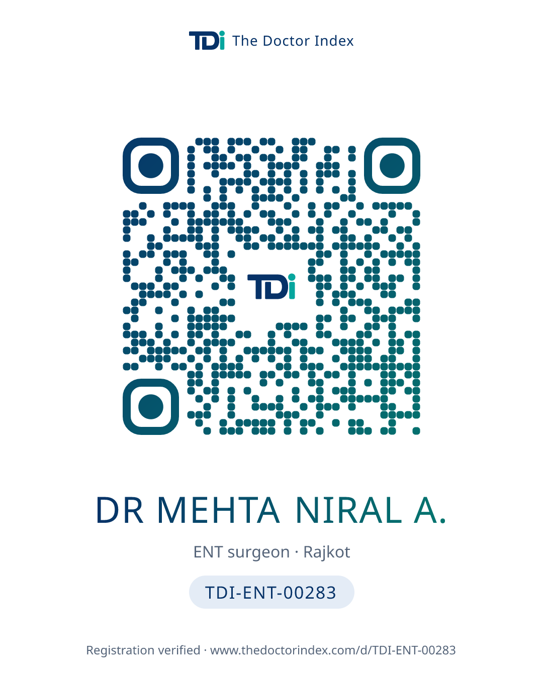 QR card for Dr Mehta Niral A., TDI-ENT-00283