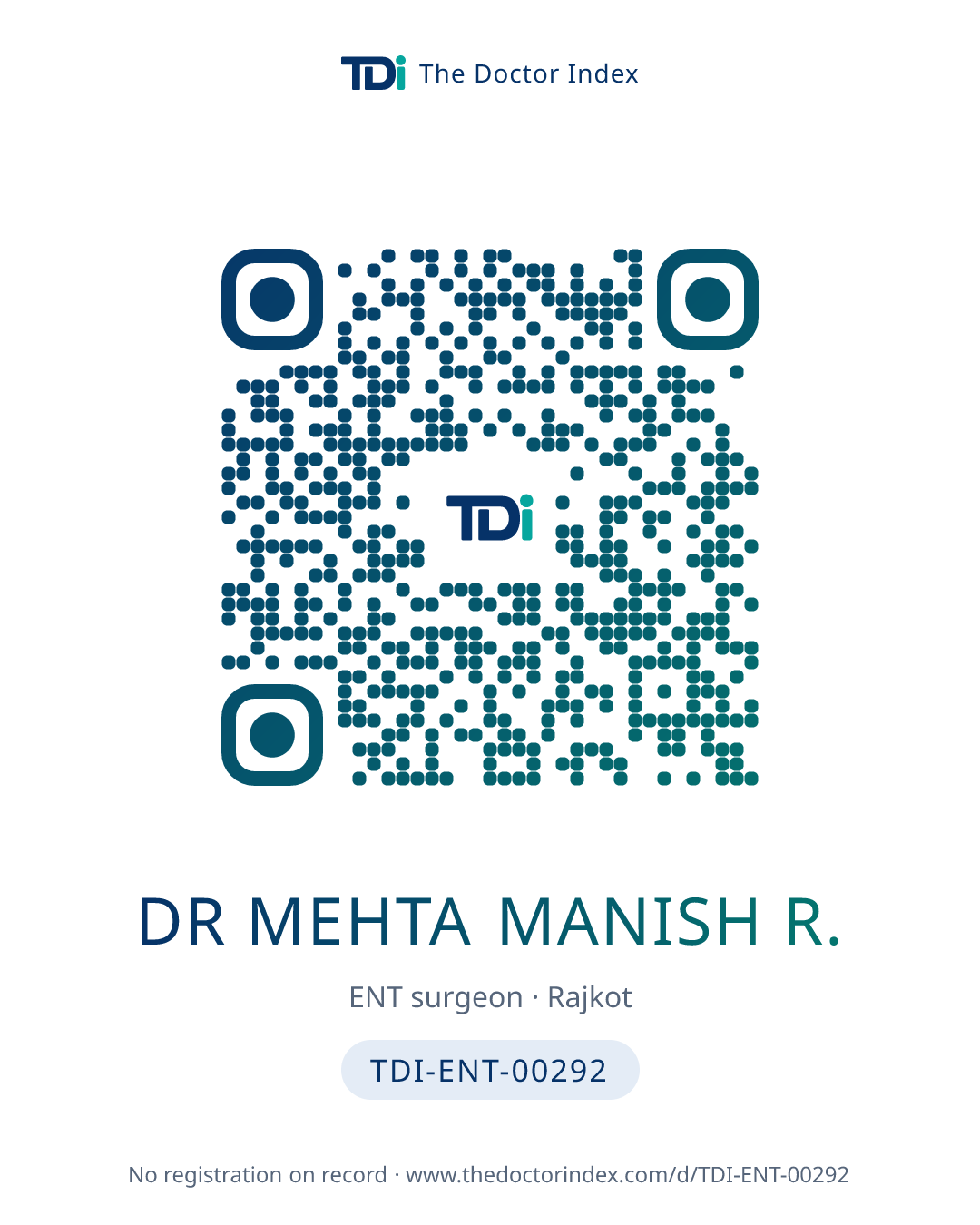 QR card for Dr Mehta Manish R., TDI-ENT-00292