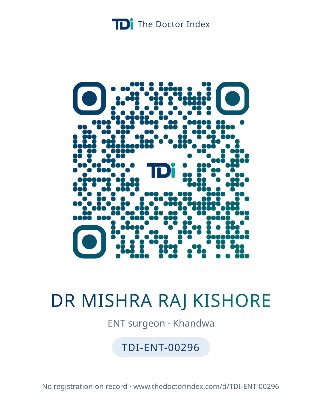 QR card for Dr Mishra Raj Kishore, TDI-ENT-00296