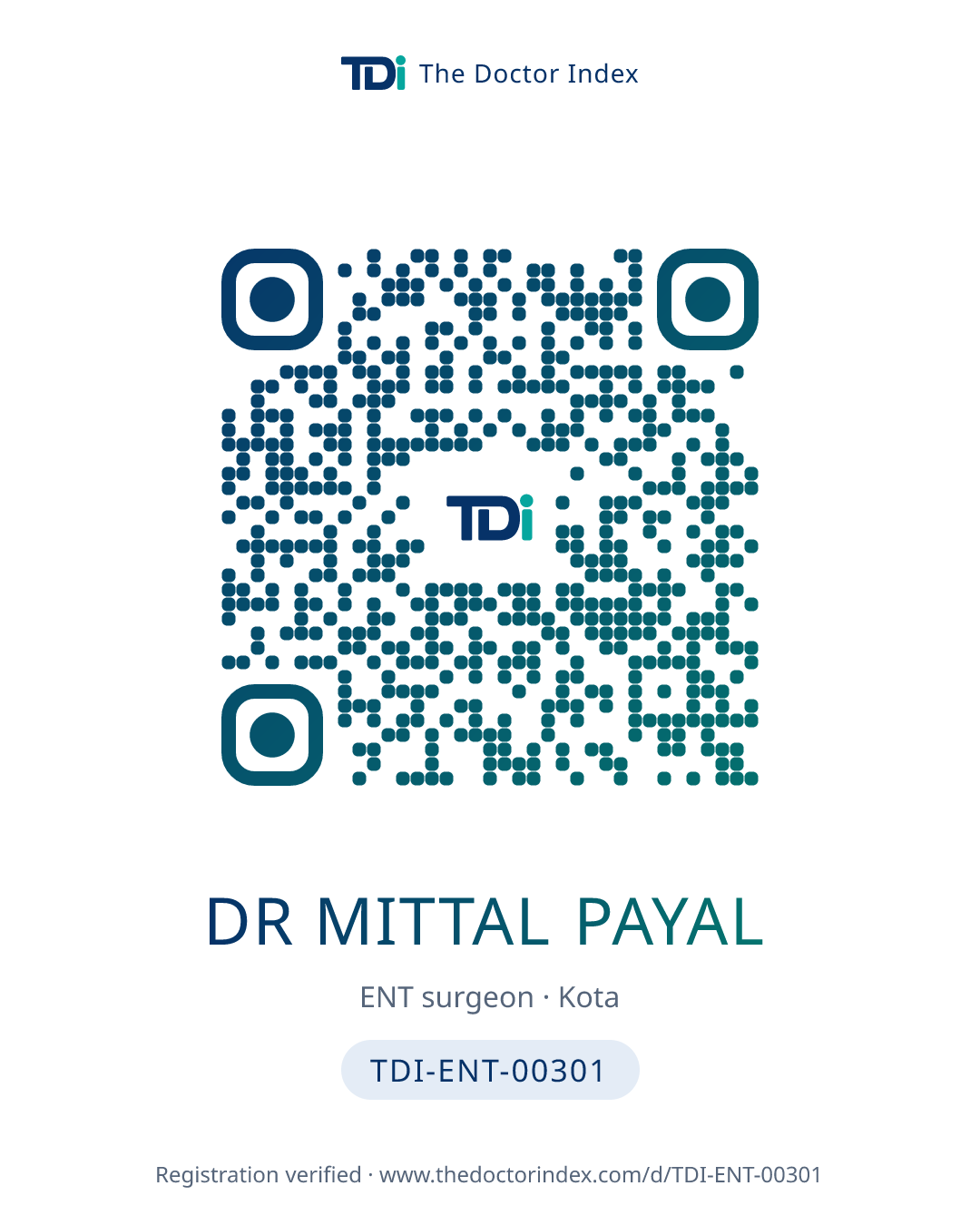 QR card for Dr Mittal Payal, TDI-ENT-00301