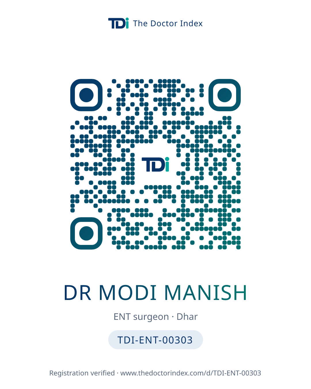 QR card for Dr Modi Manish, TDI-ENT-00303