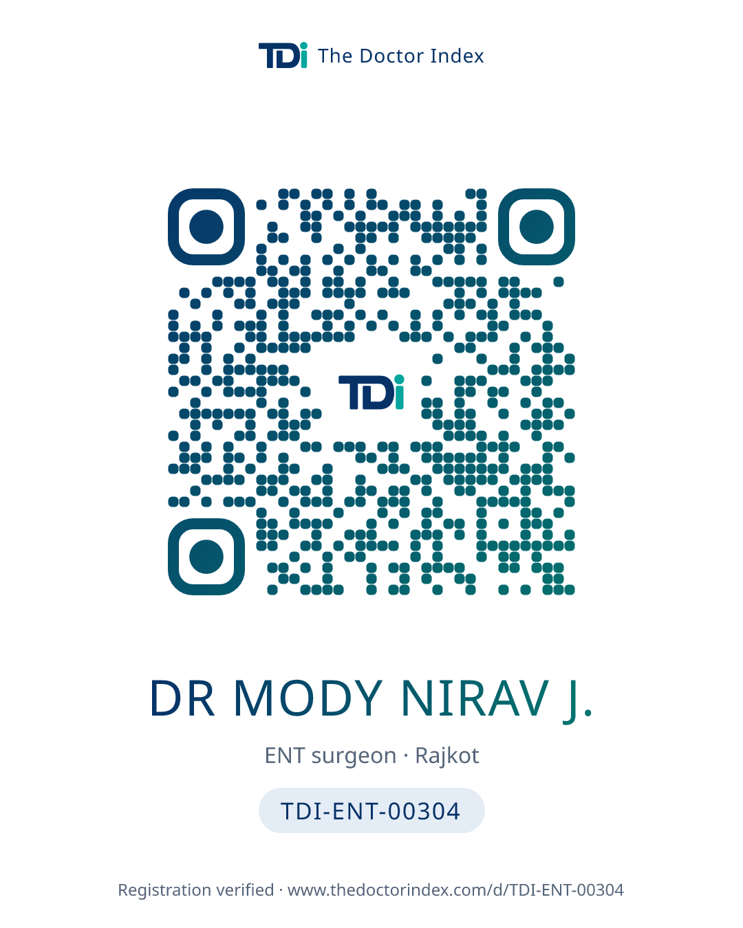 QR card for Dr Mody Nirav J., TDI-ENT-00304