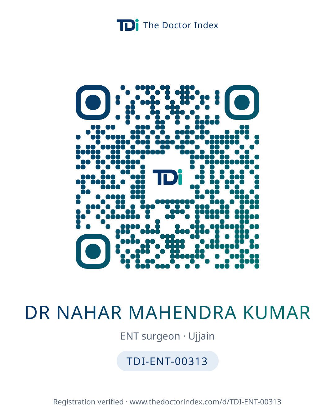 QR card for Dr Nahar Mahendra Kumar, TDI-ENT-00313