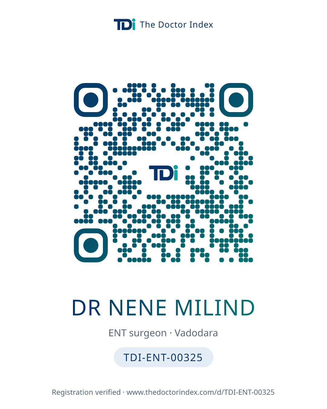 QR card for Dr Nene Milind, TDI-ENT-00325