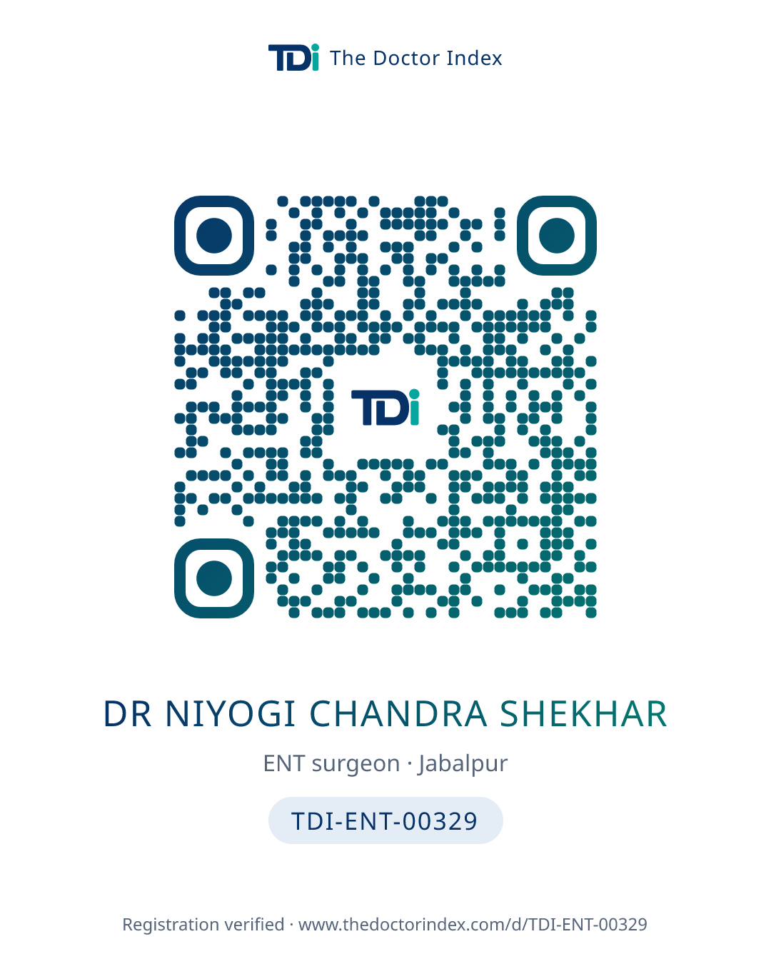 QR card for Dr Niyogi Chandra Shekhar, TDI-ENT-00329