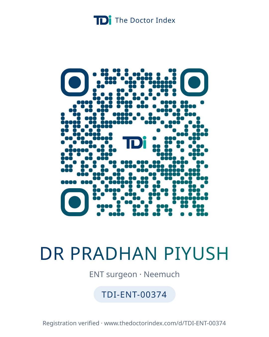 QR card for Dr Pradhan Piyush, TDI-ENT-00374